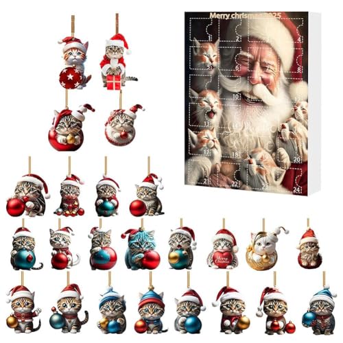 猫アドベントカレンダー 2025 24日間クリスマスカウントダウンカレンダー 2Dアクリル猫ペンダント付き かわいい猫のクリスマスツリーオーナメント 猫の置物 猫好きのためのホリデーデコレーション (S1)