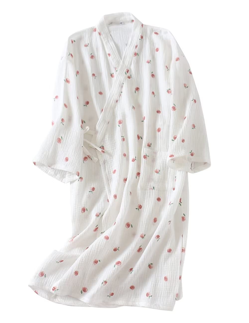 WULFUL Women's Bathrobe, Gown, 100% Cotton, Double Gauze, Yukata, Japanese Style Pajamas, After Bath, Room Wear, Loungewear, Sleepwear, Cute, Floral Print, Jinbei Style, Men's Nightwear, Thin, Spring Type B White Large