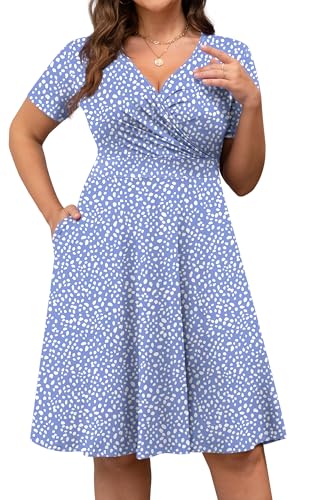 Image of POSESHE Womens Plus Size Dresses Summer Short Sleeve Wrap V-Neck Sundress Casual Wedding Guest Cocktail Dress with Pockets