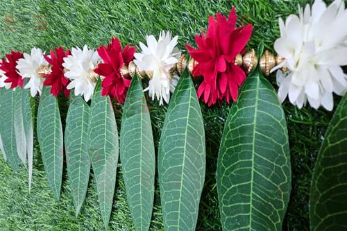 Image of S2S Artificial Marigold & Mango Leaves Simple Door-Window Toran /Door Hangings /Festive Decorations 1 Piece (Red And White), 60 cm
