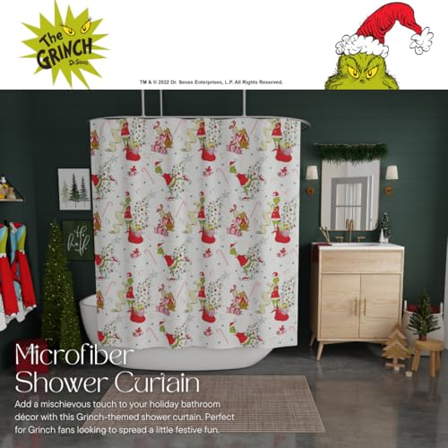 Image of Grinch Holiday Christmas 13-Piece Shower Curtain Set, 72 x 72 Inch Fabric Curtain with Hooks, Bathroom Decor, Machine Washable, (100% Officially Licensed Product) by Franco Collectibles