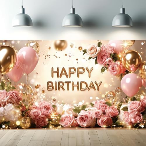 Rose Gold Birthday Backdrop Banner Pink Balloon Floral Rose Photo...