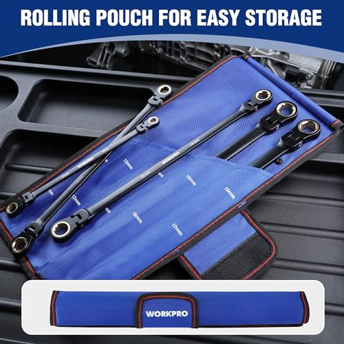 WORKPRO Extra Long Flex-Head Ratcheting Wrench Set, 5-piece Anti-Slip Double Box Wrenches Set, Metric 8-19 mm, 72-Teeth, Cr-V Steel and Black Electrophoretic Coating Wrenches with Rolling Pouch - Thumbnail 6