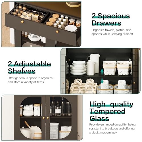 Image of 72 inch Black Kitchen Pantry Cabinet with Lights and Charging Station, Tall Hutch Storage Cabinet Coffee Bar Cabinet with Microwave Shelf for Dining Room