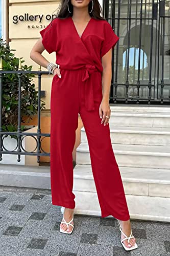 PRETTYGARDEN Women's Summer One Piece Jumpsuits Belted Short Sleeve Wrap V Neck Fashion Dressy Casual Wide Leg Pants Romper