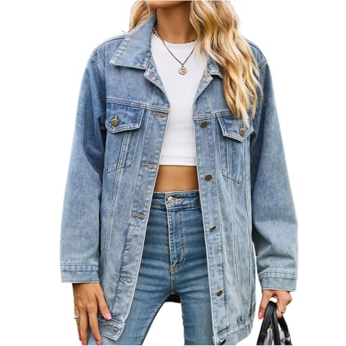 Womens Boyfriend Denim Jackets Distressed Ripped Long Sleeve Trucker Jackets Lightweight Lapel Wash Jean Jacket2