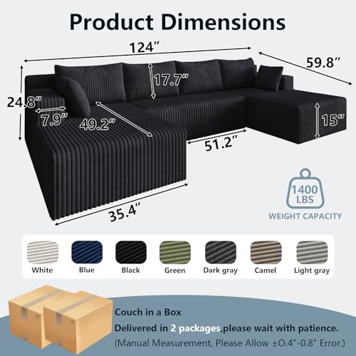 Image of 124 inch Boneless Cloud Couch Sectional Couches Sofa for Living Room