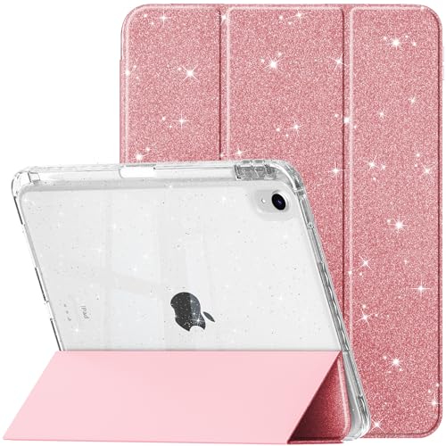 May Chen Case for iPad Air 11 (M4 2026 / M3 2025 / M2 2024) 8th 7th 6th, iPad Air 4 & 5 10.9 Inch 5th 4th (2022/2020) - Glitter Cover with Sparkly Clear Back, Wake/Sleep with Pencil Holder - Pink