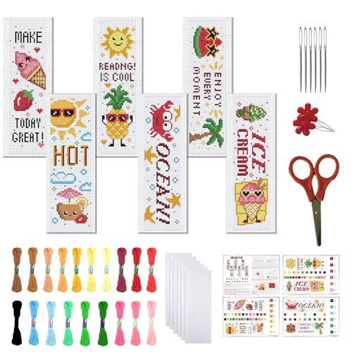 Image of FREEBLOSS 6 Set Cross Stitch Bookmark Kits for Beginner Cartoon Summer Stamped Cross Stitch Kit DIY Embroidery Bookmark Kit with Instructions 8'' x 2.4''