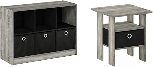 Furinno Paquete de estantería y mesa auxiliar con contenedores y cajones (roble francés grisnegro)