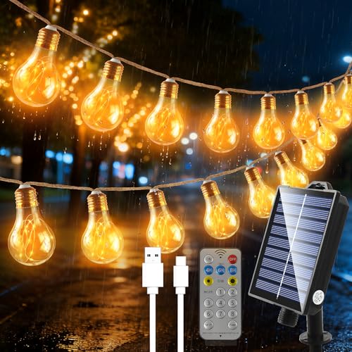 Guirlande Lumineuse Exterieure, A60 Guirlande Guinguette Solaire avec 16 Ampoules, Corde de Chanvre 8M, 8 Modes IP65 Étanche, Télécommande et Chargement USB, pour Jardins, Cours, Bistrots, Pavillon