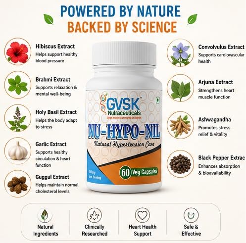 GVSK NU-HYPO-NIL Natural Hypertension Care Capsules – Ayurvedic Blood Pressure & Heart Health Support Supplement with Herbal Ingredients for Healthy Circulation & Overall Wellness – 60 Vegan Capsules 1
