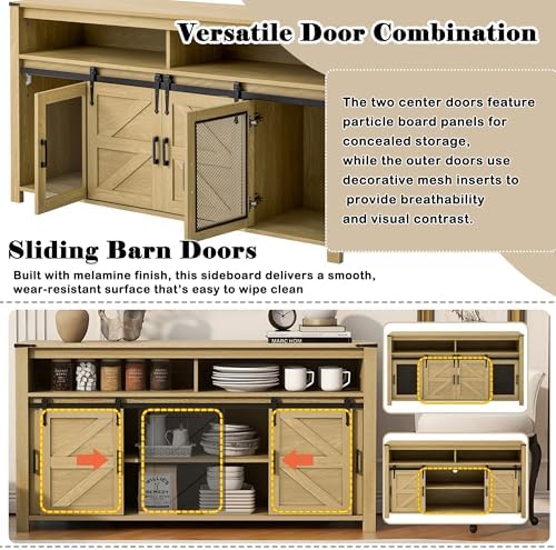 59.3'' Farmhouse Sideboard with Sliding Barn Door & Mesh Panels - Rustic Buffet Storage for Living Room, Kitchen, Hallway, Office (Brown & White)