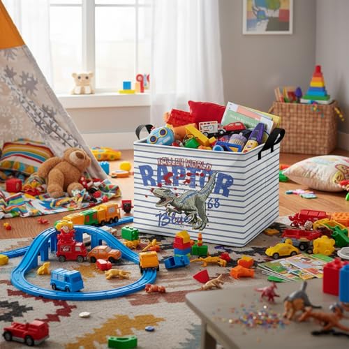 Image of Kid Dinosaur Storage Basket, Blue Striped Tyrannosaurus Rex | Rectangular, Collapsible, Room Decor, Nursery Gift Basket, Baby