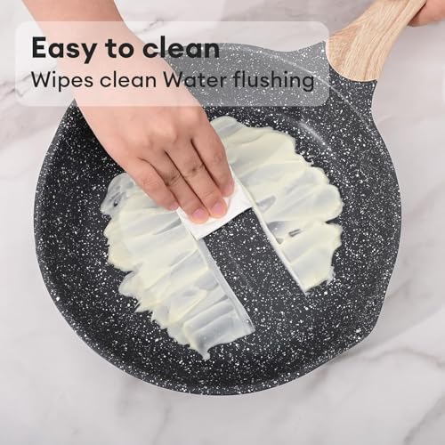Image of Non-Stick Frying Pan with Wooden Finish Soft Touch Handle, 2.5mm Thickness, Consumes Less Oil, Even Heat Distribution, Induction Bottom and Gas Ready (Black, 24cm)