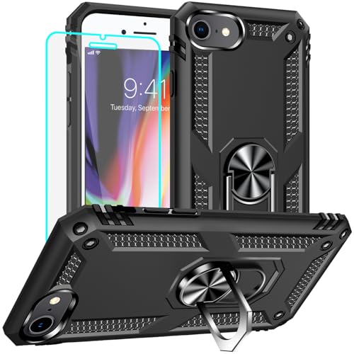 Coque iPhone 7 antichoc avec anneau support et film écran noir de qualité militaire