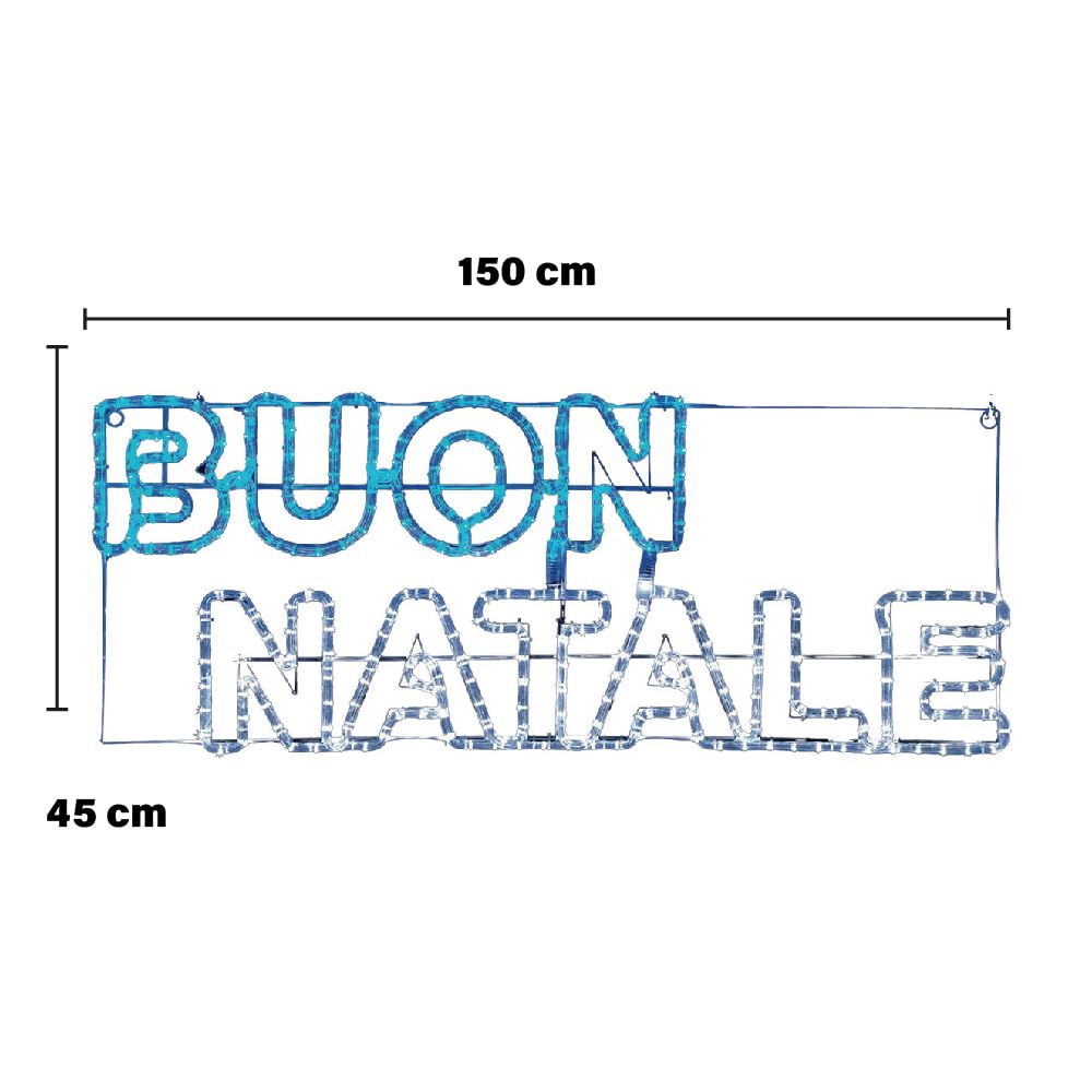Insegna Luminosa - 324 LED, Neon, Scritta “Buon Natale”, Colore Bianco Ghiaccio, Blu, Cavo da 1,4 mt - Uso Interno/Esterno