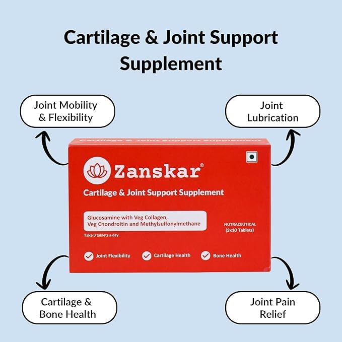 Image of Zanskar Joint Support Supplement (30 Tablets) | 100% Veg - Glucosamine, Chondroitin, MSM, Collagen & Curcumin (4500mg) | Supports Joint Comfort, Flexibility & Mobility