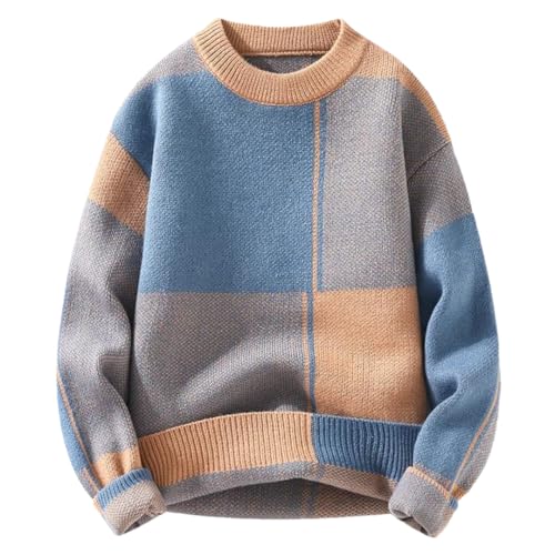 Men Plaid Sweaters Mens Casual Warm Sweater O-Neck Geometric Patterns Pullovers