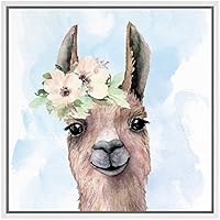 SIGNWIN Framed Canvas Wall Art Nursery Baby Llama with Pink, Yellow, White Flowers Animals Wildlife Watercolor Impressionism Modern Portrait Fun for Living Room, Bedroom, Office - 16