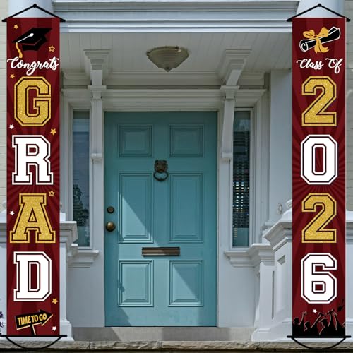 Graduation Banner 2026 Graduation Decorations Maroon and Gold Grad Banner Porch Sign Class of 2026 Door Decor Congrats Hanging Backdrop Maroon Grad Party Decor for School Congratulations Supplies