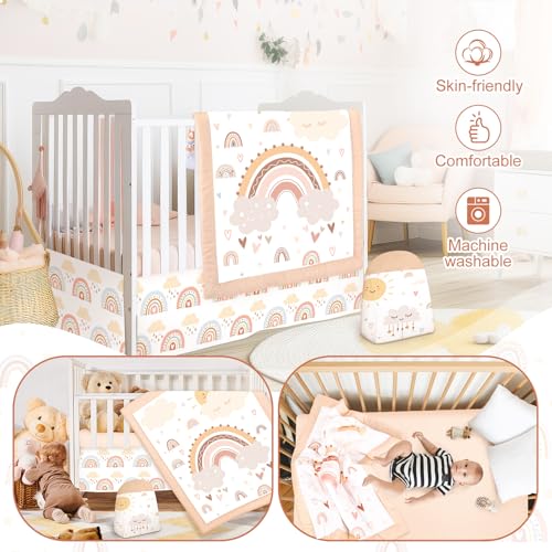 Image of Hahafelt 4 Pieces Baby Crib Bedding Set for Girls and Boys, Soft Baby Bedding Set Including Crib Skirt, Comforter, Sheet and Diaper Stacker for Nursery(Bohemian Rainbow)