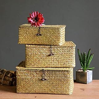 YSGLIFE Set of 3 Rectangular Storage Shelf Basket with Lid Seagrass Rattan Woven Multipurpose Organizer Boxes for Clothes, Makeup, Books and Shelves(Natural,Small/Medium/Large)