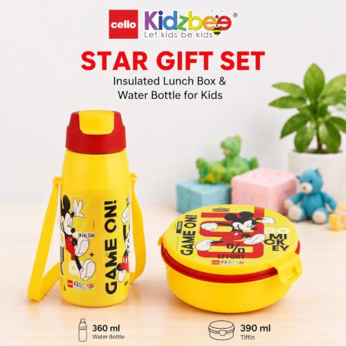 Image of CELLO Kidzbee Star Gift Set Combo for School Kids, Yellow | 3D Touch & Feel Mickey Design Airtight Clip Lock Insulated Lunch Box 390ml with Leak Proof Flip Top Sipper Water Bottle for Kids Boys Girls