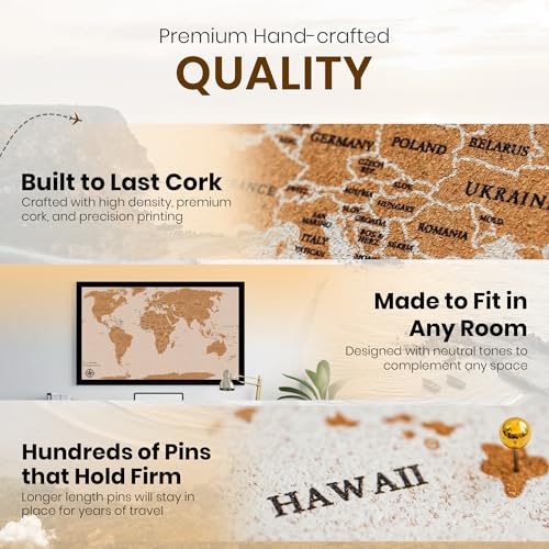 Large Push Pin World Travel Map – 30" x 20" Framed Cork Board Wall Art, Modern World Map with 200 Unique Pins for Tracking Adventures, A Premium Gift for Travelers, Couples and Families