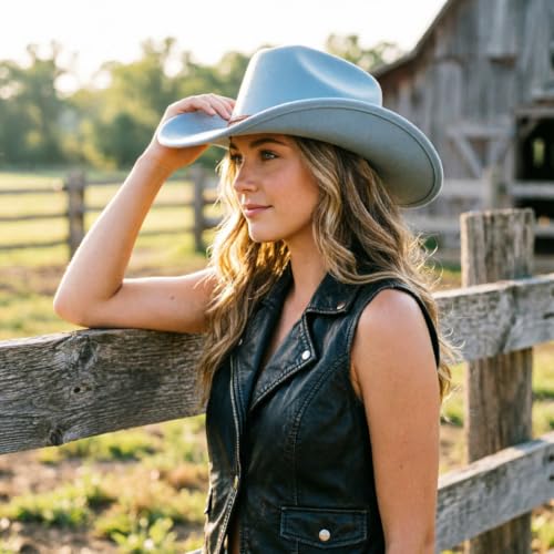 Image of DRESHOW Cowboy Hat for Women and Men Wide Brim Western Cowboy Cowgirl Hat with Belt Buckle Unisex Rolled up Caps