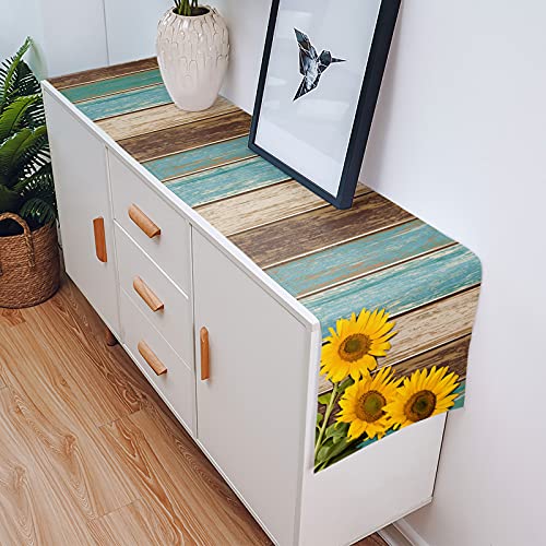 Country Yellow Sunflower Table Runner Dresser Scarf, Vinatge Teal Brown Wood Board Decorative Table Runners For Home Kitchen Dinning Room Banquet Holiday Party, 13X36In #TOP4