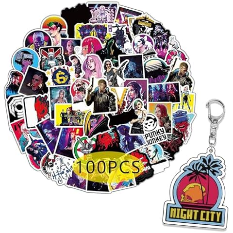 Pounchi Cool Video Game Stickers (100pcs with Keychain Pendant) Gaming Vinyl Decals Gifts Party Supplies for Water Bottles Guitar Skateboard Luggage Notbook for Kids Teens Cover