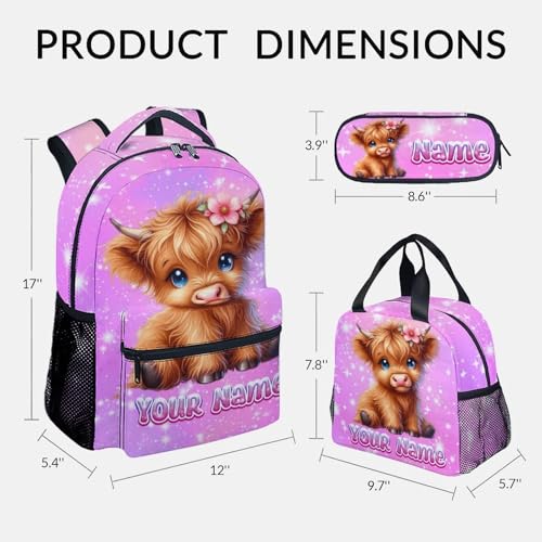Personalized Girls Backpack, Highland Cow Backpacks for School, Custom Kids Bookbag, 17 Inch Cute Book Bag for Kindergarten Elementary2