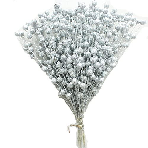 Image of Ulalaza 45pcs 11.8Inch Christmas Glitter Berries Stems Artificial Christmas Picks for Christmas Tree Ornaments, DIY Xmas Wreath, Crafts, Holiday and Home Decor, Silver