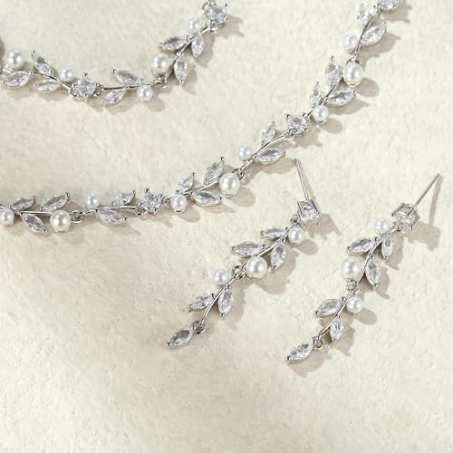 Image of EVER FAITH Cubic Zirconia Pearl Leaf Bridal Jewelry Set for Bride Women