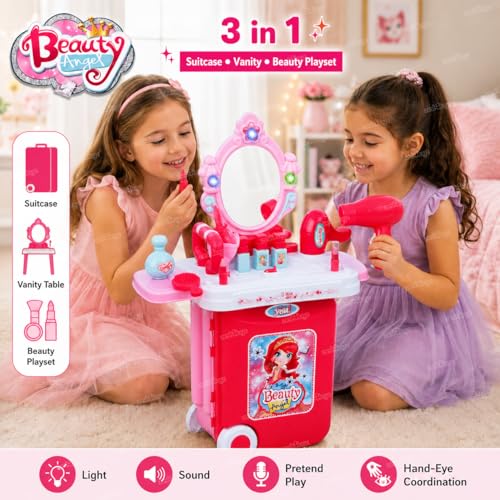 Image of Zest 4 Toyz Makeup Kit for Girls 3 in 1 Makeup Suitcase Kit with Makeup Accessories Pretend Play Set Portable Suitcase Beauty Set Toy Gift for Girls - Pink