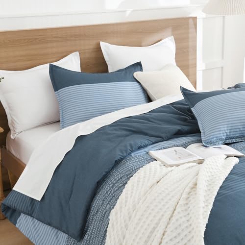Litanika Haze Blue Comforter Set King - 3 Pieces Lightweight Haze Blue White Colorblock Stripe Fluffy Bedding Comforter Sets, All Season Bed Set