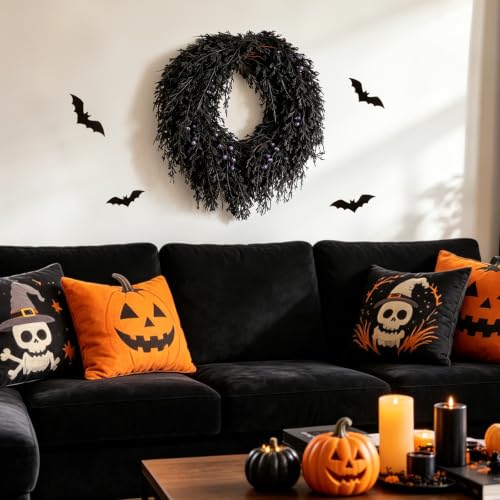 Image of DN DECONATION Halloween Wreath for Front Door, Decorations for Outdoor | 20in, Black Pine Wreath with Berries, Perfect for Fall Halloween Decorations, Farmhouse Home Wall Mantle Door Decor