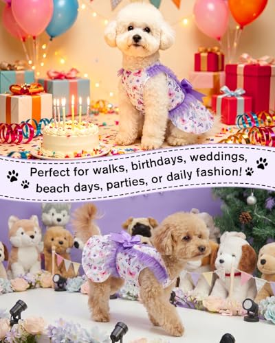 Image of CuteBone Purple Butterfly Floral Pet Dress for Small Dogs, Cats - Ruffled Sleeves - Lavender Satin Bow - Spring Garden, Photo Dress