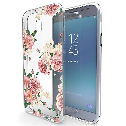 For Samsung Galaxy J3 2018 Case, J3V J3 V 3Rd Gen, Express Prime 3, J3 Star, J3 Achieve, Amp Prime 3, Ueokeird Slim Shockproof Clear Floral Pattern Soft Flexible Tpu Phone Cover (Pink Flower) #TOP1