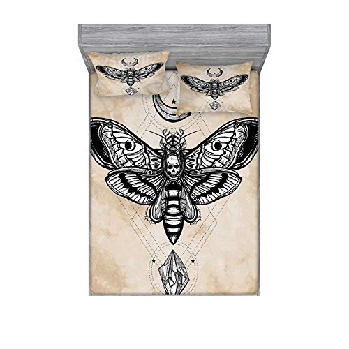 Ambesonne Fantasy Fitted Sheet & Pillow Sham Set, Dead Head Hawk Moth Luna and Stone Magic Skull Illustration, Decorative Printed 3 Piece Bedding Decor Set, Queen, White Black and Cream