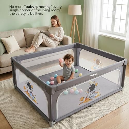 Image of Baybee 120 x 120 CM Kids Playpen for Babies with Colourful Balls | Baby Play Area Indoor Setup with Zipper Door & Toys Pouch | Kids Activity Play Gate Fence with Corner Protection | Outdoor play pen for baby for 0 - 5 years Boys Girls (Grey)