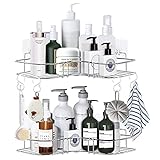 2-Pack Corner Shower Caddy Shelf, Wall Mounted Shower Bathroom Shelf with 4 Hooks, 8 Pack Adhesives, Stainless Steel Rustproof Shower Rack, Storage Organizer for Bathroom, Dorm and Kitchen (Silver)