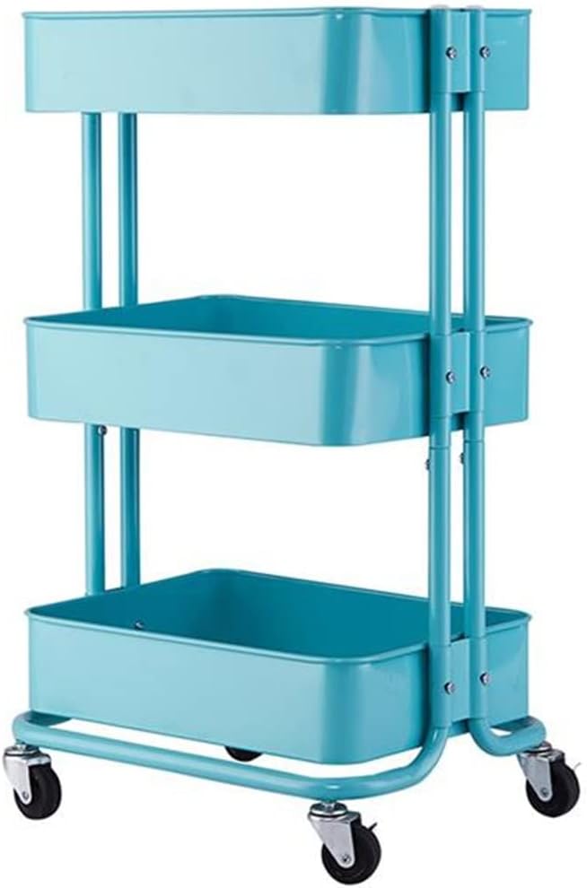3 Tier Rolling Cart with Wheels Metal Utility Cart Storage Organizer Trolley Cart for Kitchen Bathroom(Blue)