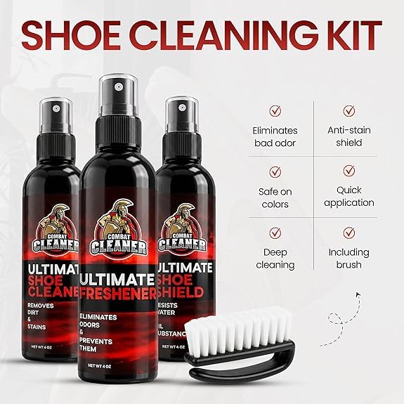 Combat Cleaner Kit de limpiador de zapatos | Limpiador de zapatos + desodorante en aerosol + protector de zapatos + cepillo | Se utiliza para tenis, zapatos de tenis, cuero y gamuza, Limpiador de