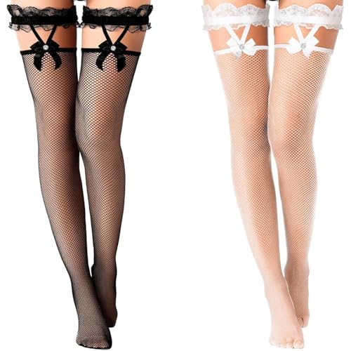 2 Pairs Lace Top Fishnet Stockings Bow Suspenders Thigh High Stockings Mesh Hold up Stockings for Women Girls