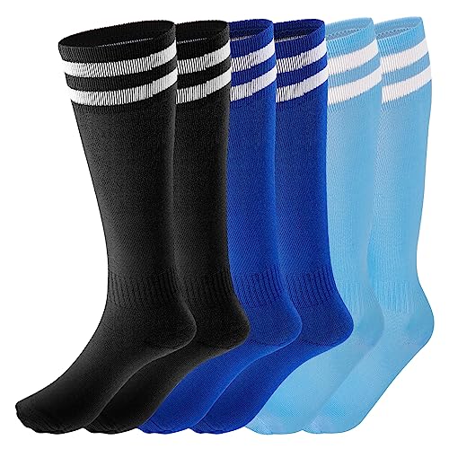 Fanshiontide 3 Pairs Football Socks 3 Colors s Football Socks Unisex Non-slip Long Breathable Soccer Socks for Daily Running Training Sports Socks for Boys Aged 5-12 Blue+Light Blue+Black