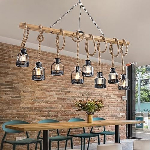 Suspension Luminaire Suspension Vintage Lampe De Table À Manger En Bois Rétro Avec Poutres En Bois Suspension Industrielle Réglable En Hauteur Pour Salle À...