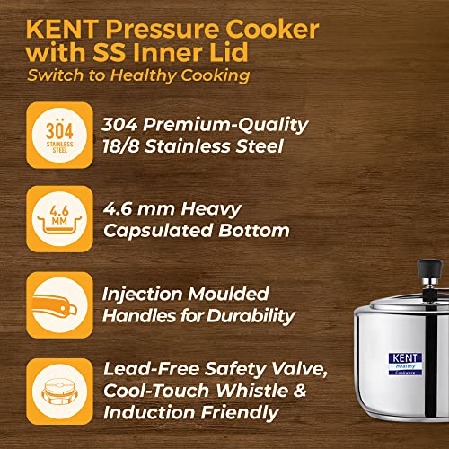 Image of KENT Pressure Cooker SS Inner Lid 2 Litre, 4.6 Heavy Encapsulated Bottom, Injection Moulded Handles for Durability, Lead Free Saftey Valve, Suitable for Induction Cooktops (Stainless Steel, Silver)
