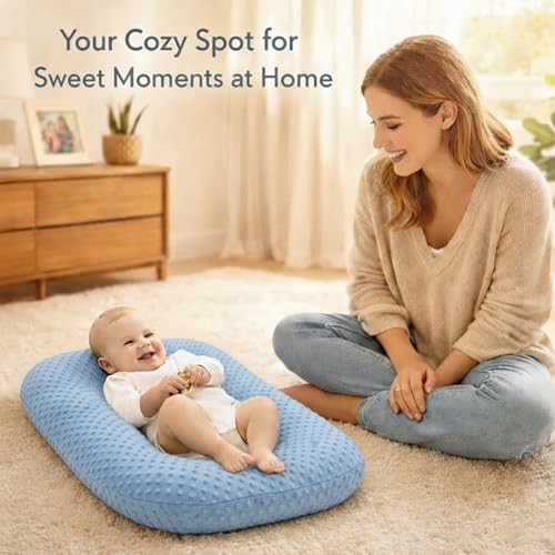 Image of Baby Lounger for Newborn,Baby Play Mat Soft Cotton Breathable for Playtime & Relaxation,Flat Babies Essentials Gifts,0-12 Months Home Travel(Blue Bean)